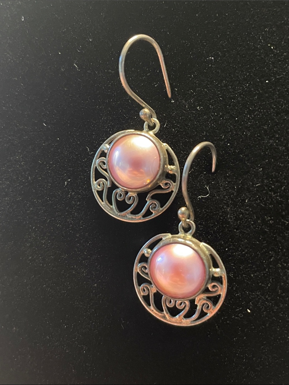 Sterling Silver Pink Pearl Drop Earrings - Elegant Filigree Design